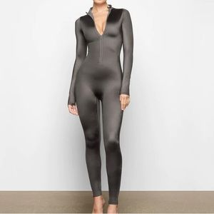 SKIMS, All-in-One Shine mock neck, long sleeve, onesie. Size Small - Gunmetal
